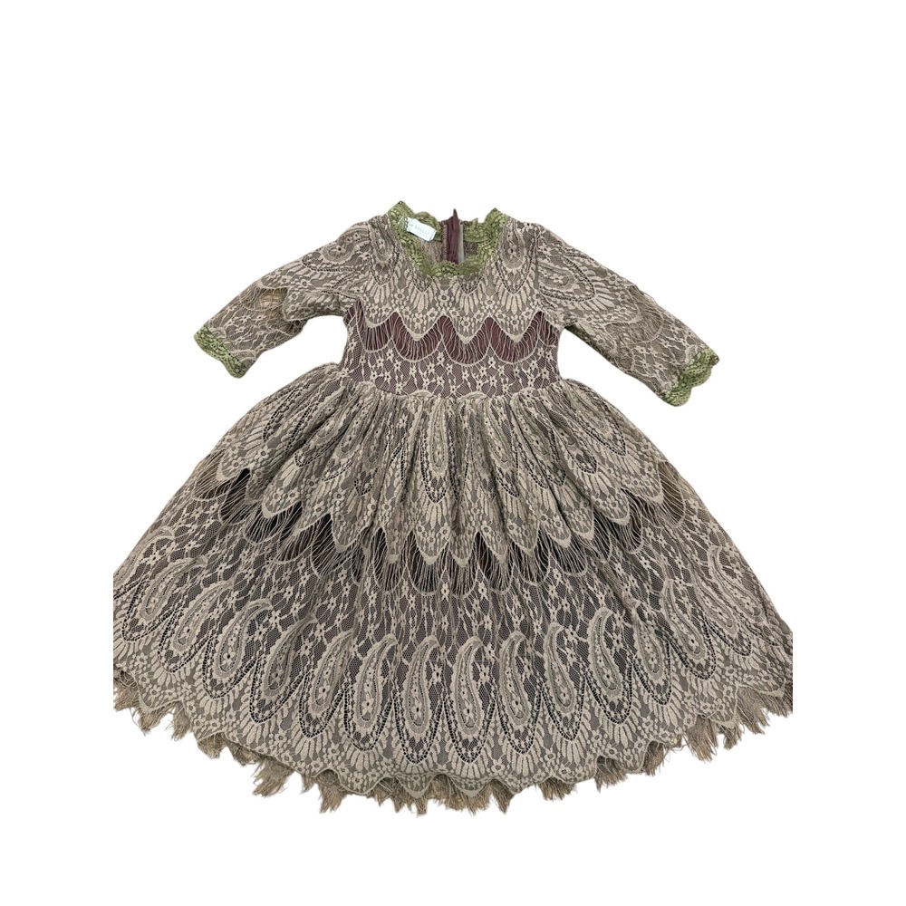 Trish Scully Lace Dress Girls 5 Brown Tiered Special Occasion Boho family photos